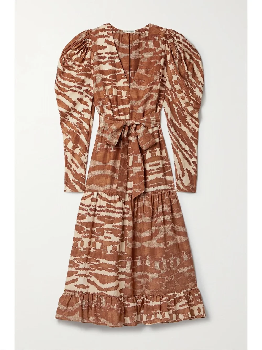 New Ulla Johnson Leila Belted Printed Silk Midi Dress Brown Sz 4 - Picture 3 of 12